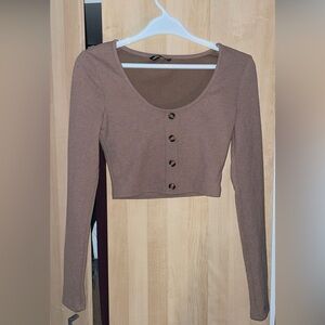 Taupe Button-Up Ribbed Crop Top